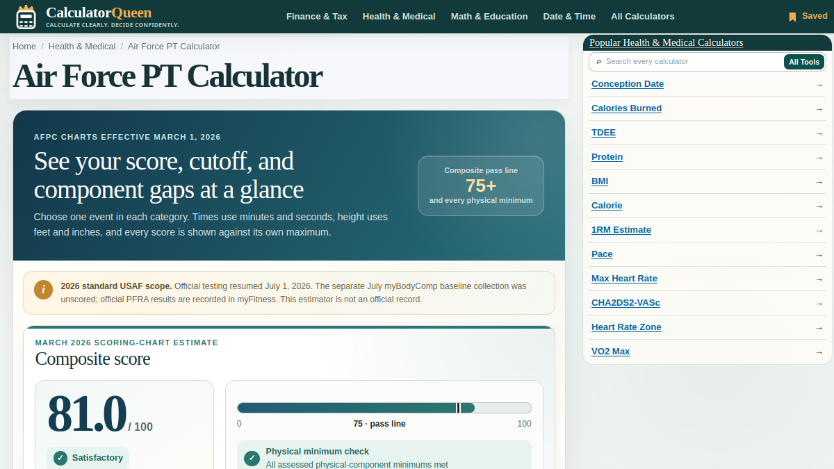 CalculatorQueen Air Force PT Calculator screenshot 1
