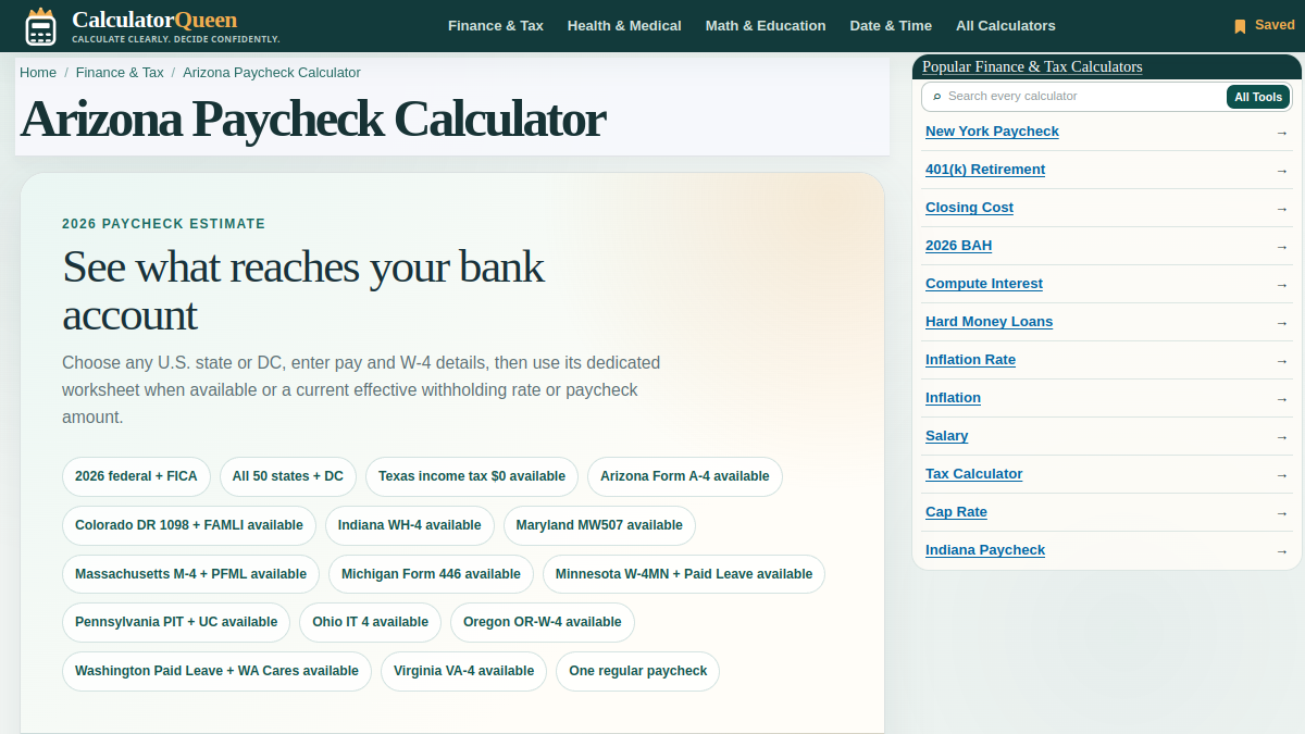 CalculatorQueen Arizona Paycheck Calculator screenshot 1