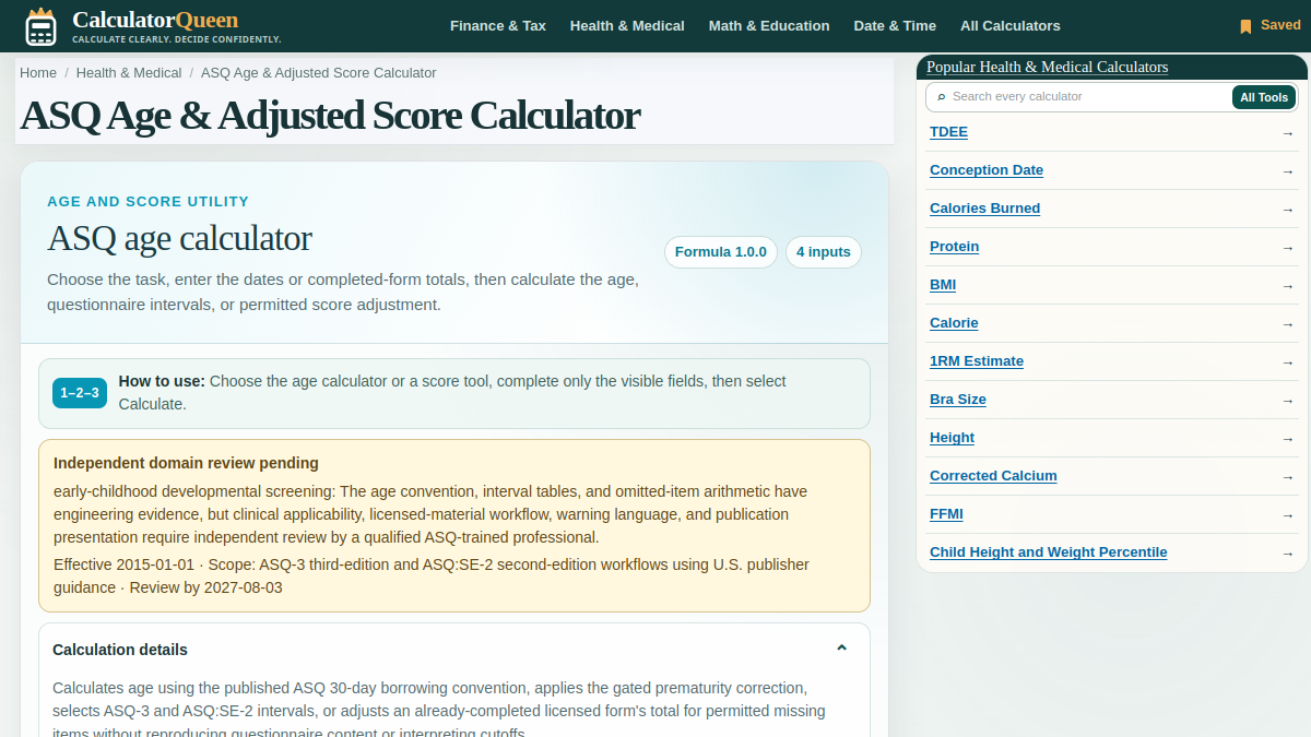 CalculatorQueen ASQ Age and Score Worksheet screenshot 1