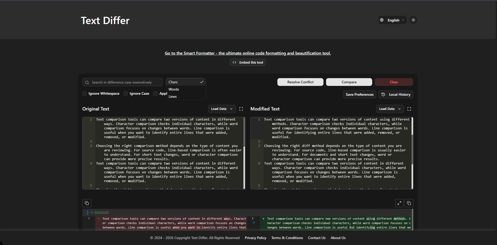 Online Text Comparison Tool screenshot 1