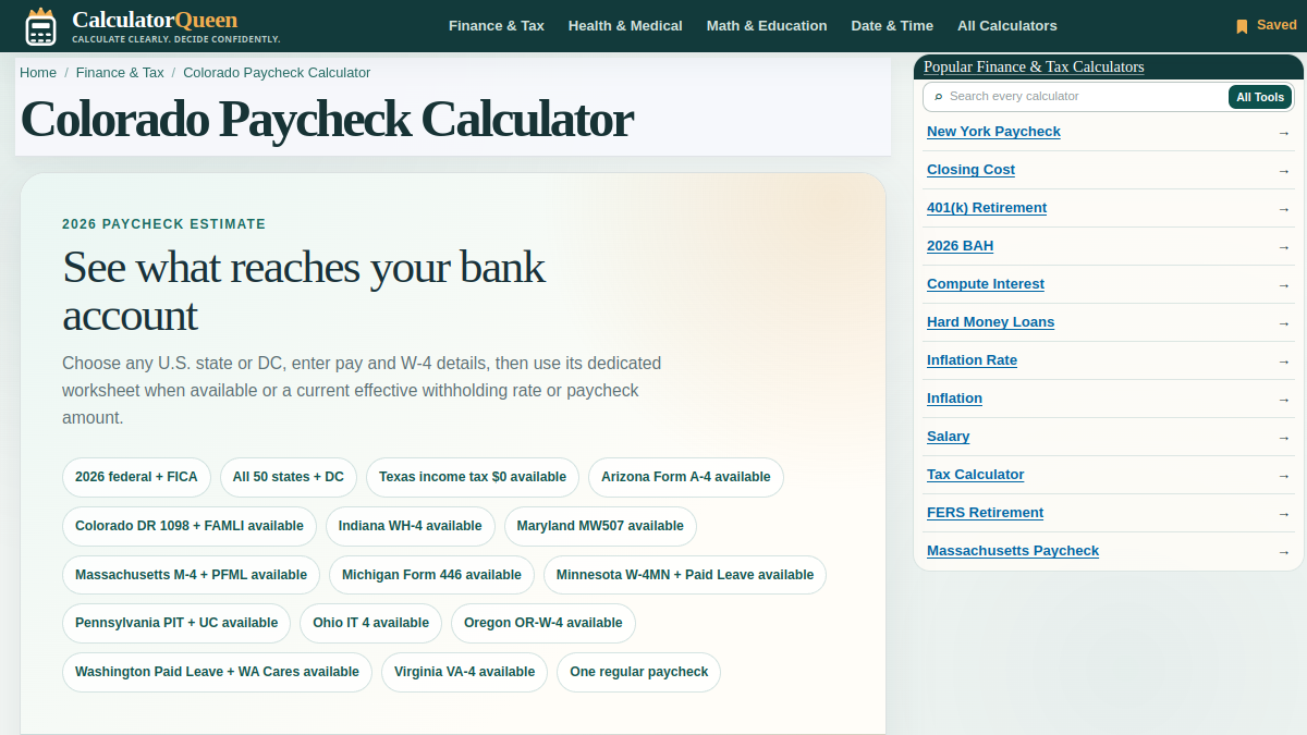 CalculatorQueen Colorado Paycheck Calculator screenshot 1