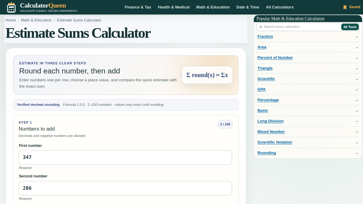 CalculatorQueen Estimate Sums Calculator screenshot 1