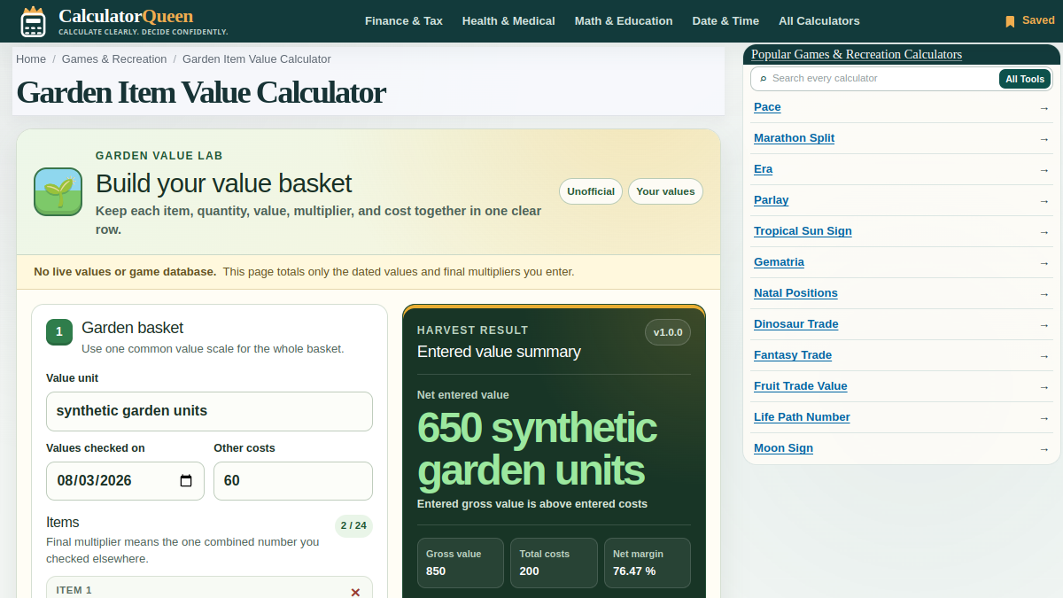 CalculatorQueen Garden Item Value Calculator screenshot 1