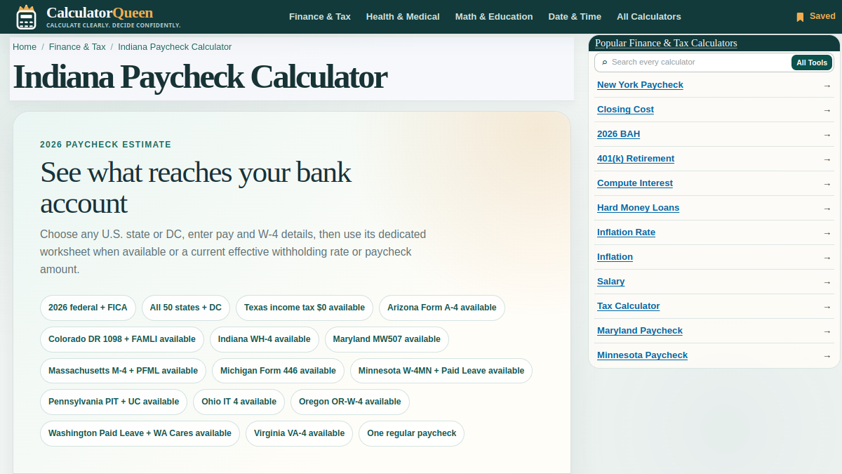 CalculatorQueen Indiana Paycheck Calculator screenshot 1