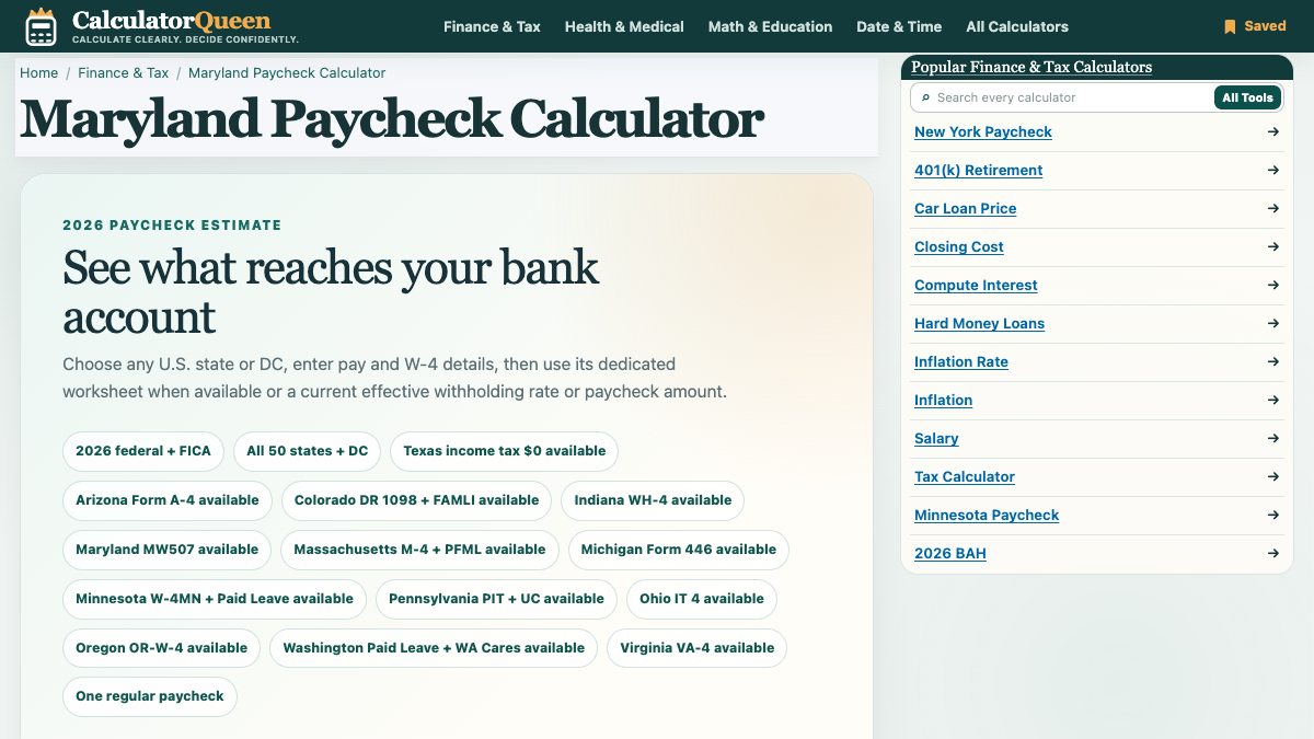CalculatorQueen Maryland Paycheck Calculator screenshot 1