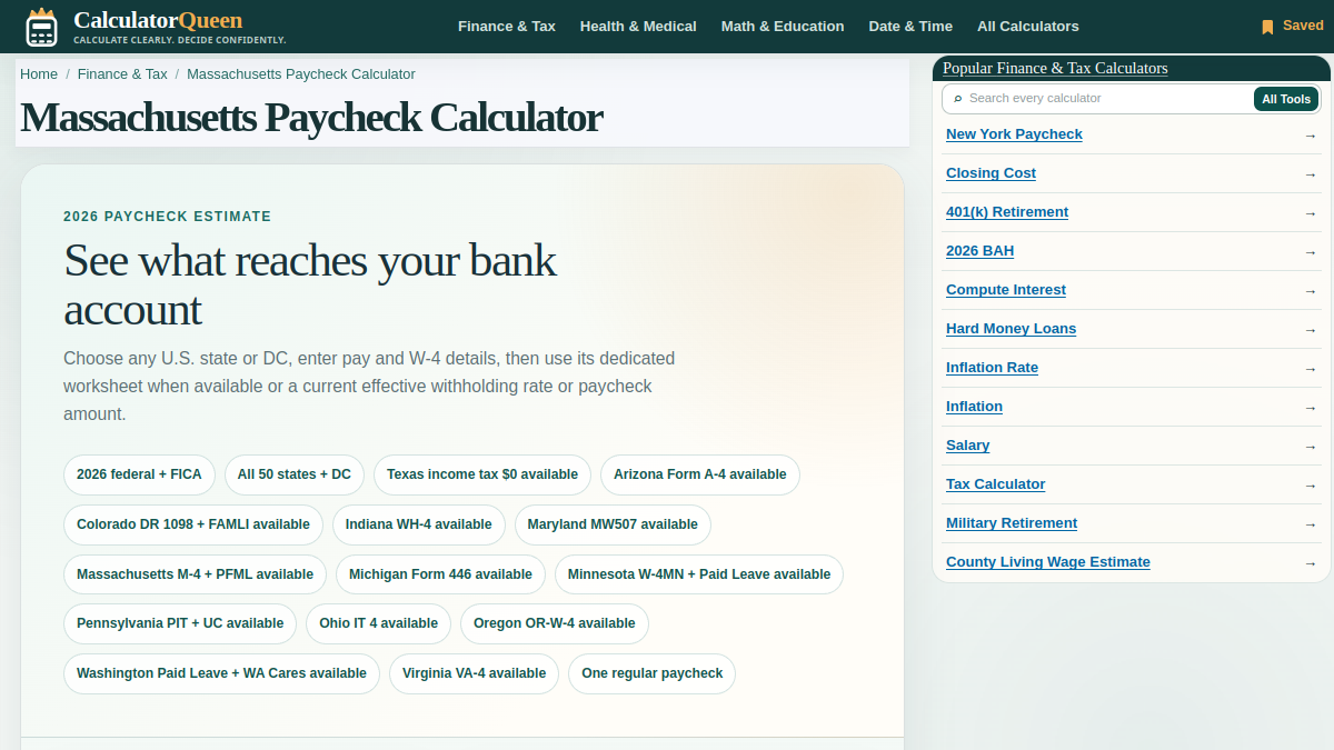 CalculatorQueen Massachusetts Paycheck Calculator screenshot 1